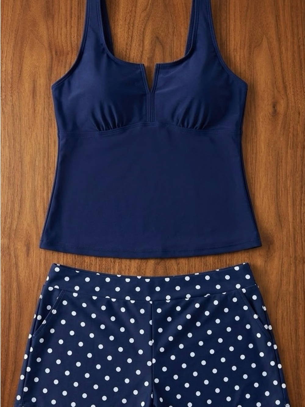 Navy Polka Dot Tankini Set - Stylish Navy Swim Top and Shorts